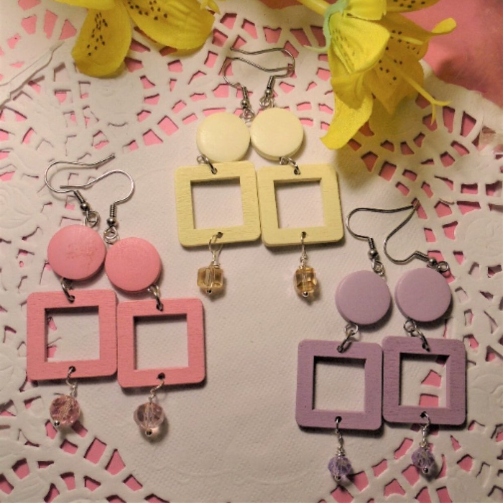 NWOT 2/$10 - Handmade environmentally friendly painted wood dangle earrings
